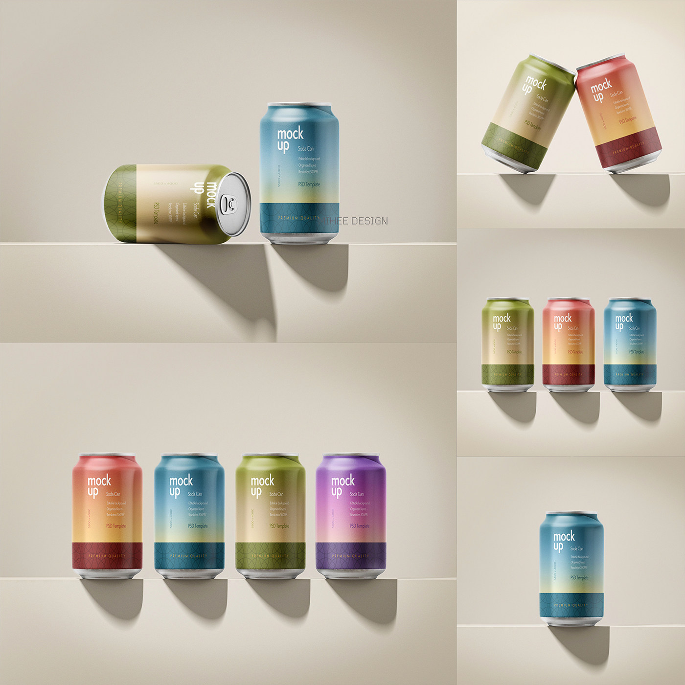 5款质感可乐罐易拉罐饮料铝箔包装罐设计展示psd样机智能贴图vi