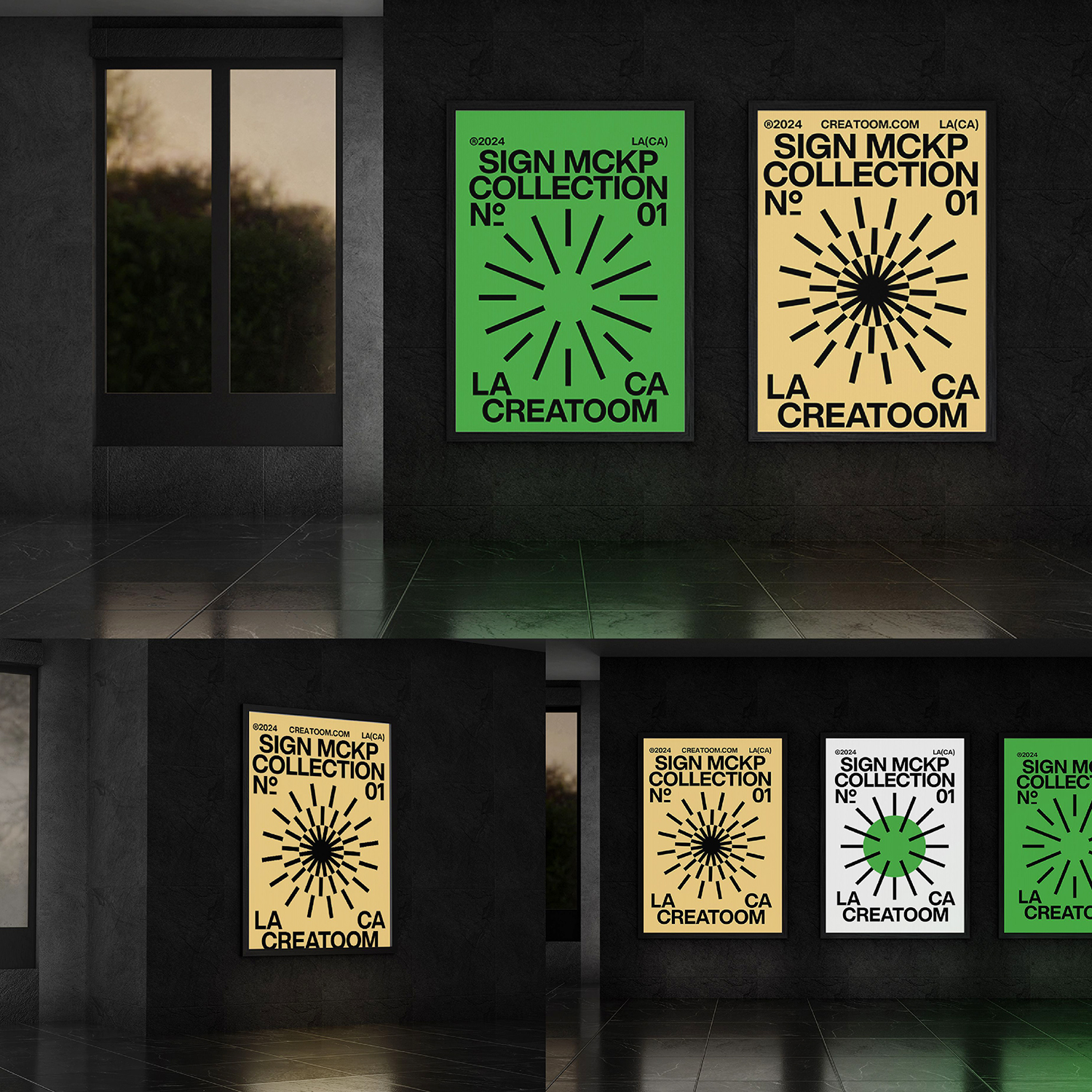 4款艺术展厅展会画廊灯箱轿厢广告海报夜间发光VI屏幕模型样机PSD