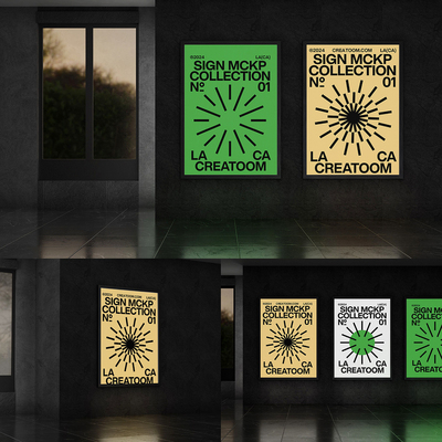 4款艺术展厅展会画廊灯箱轿厢广告海报夜间发光VI屏幕模型样机PSD