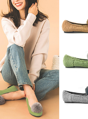 日系冰激凌色毛绒芭蕾鞋甜美毛球平底秋冬新款毛毛单鞋玛丽珍鞋女