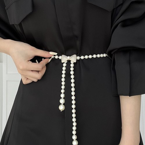 白色仿珍珠腰带女配裙子