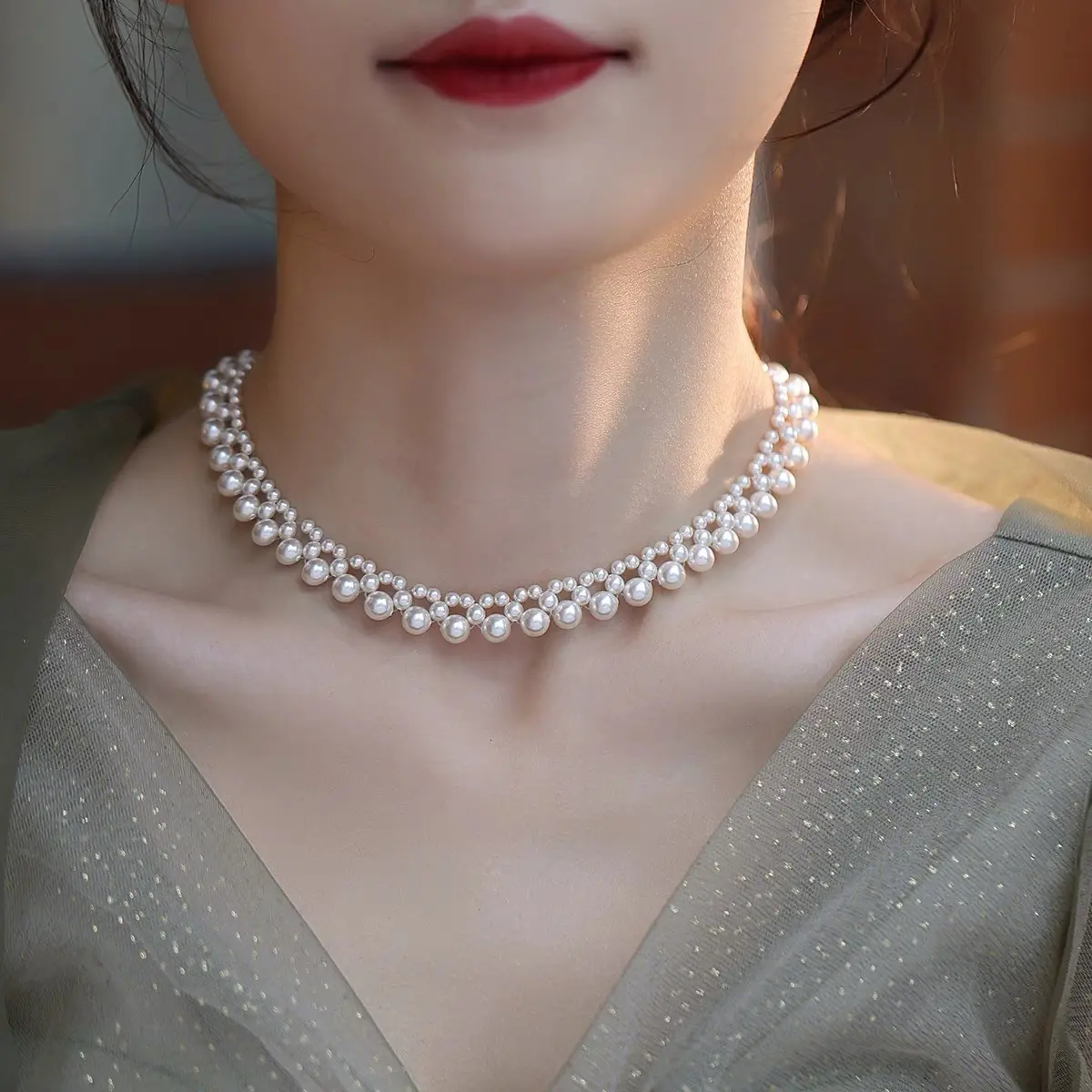 s925纯银施家珍珠项链女法式复古间隔编制珠珠短颈圈choker锁骨链