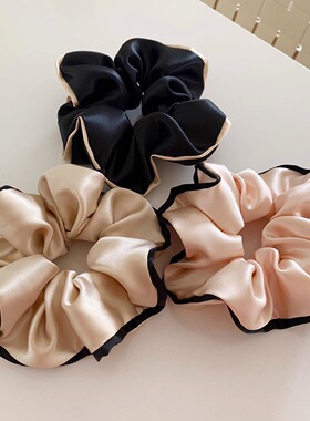 新款重磅全真丝桑蚕丝绸拼色镶边手工复古法式大肠发圈女精致优雅