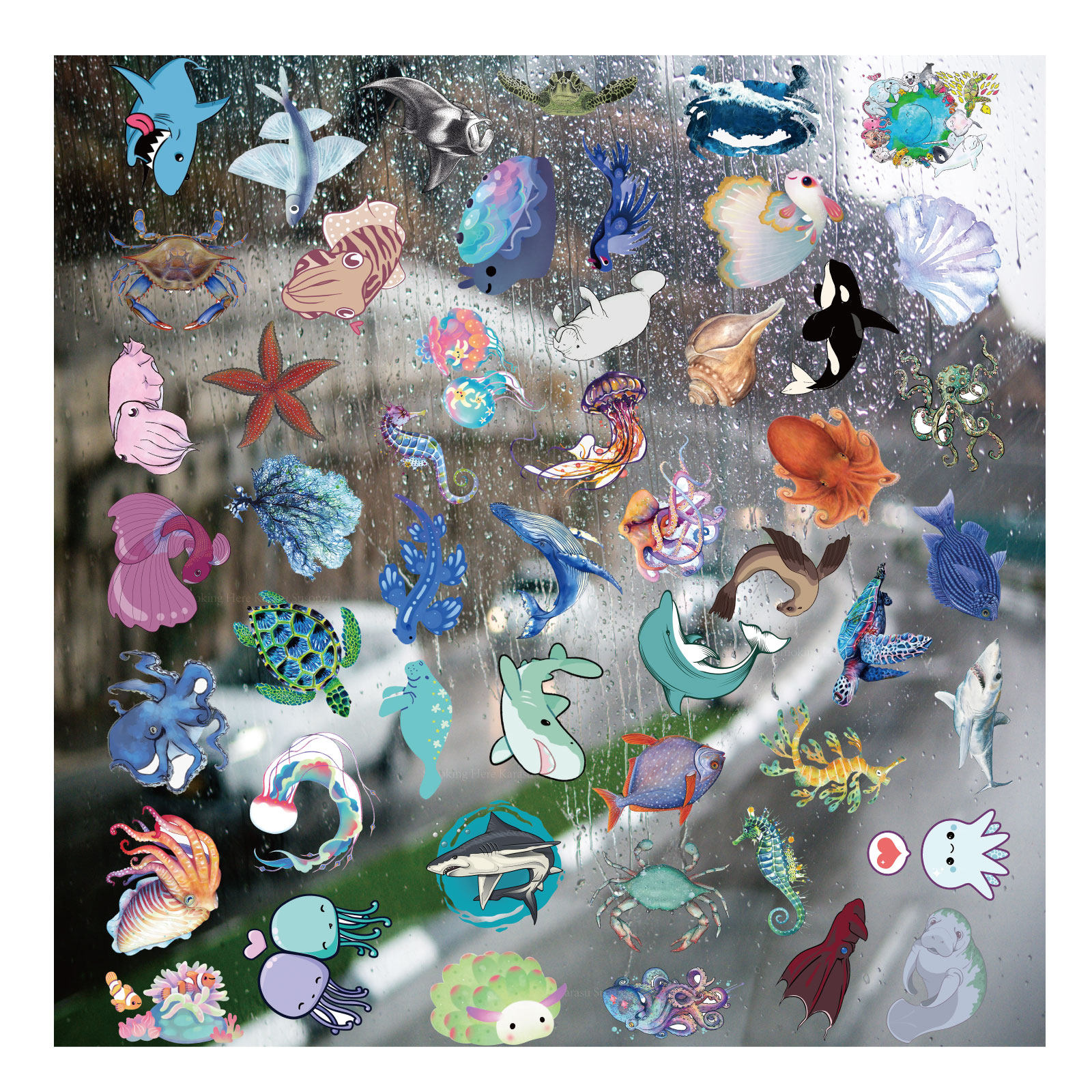 海洋生物系列UV转印贴卡通套图水晶标签户外防嗮头盔汽车装饰贴纸