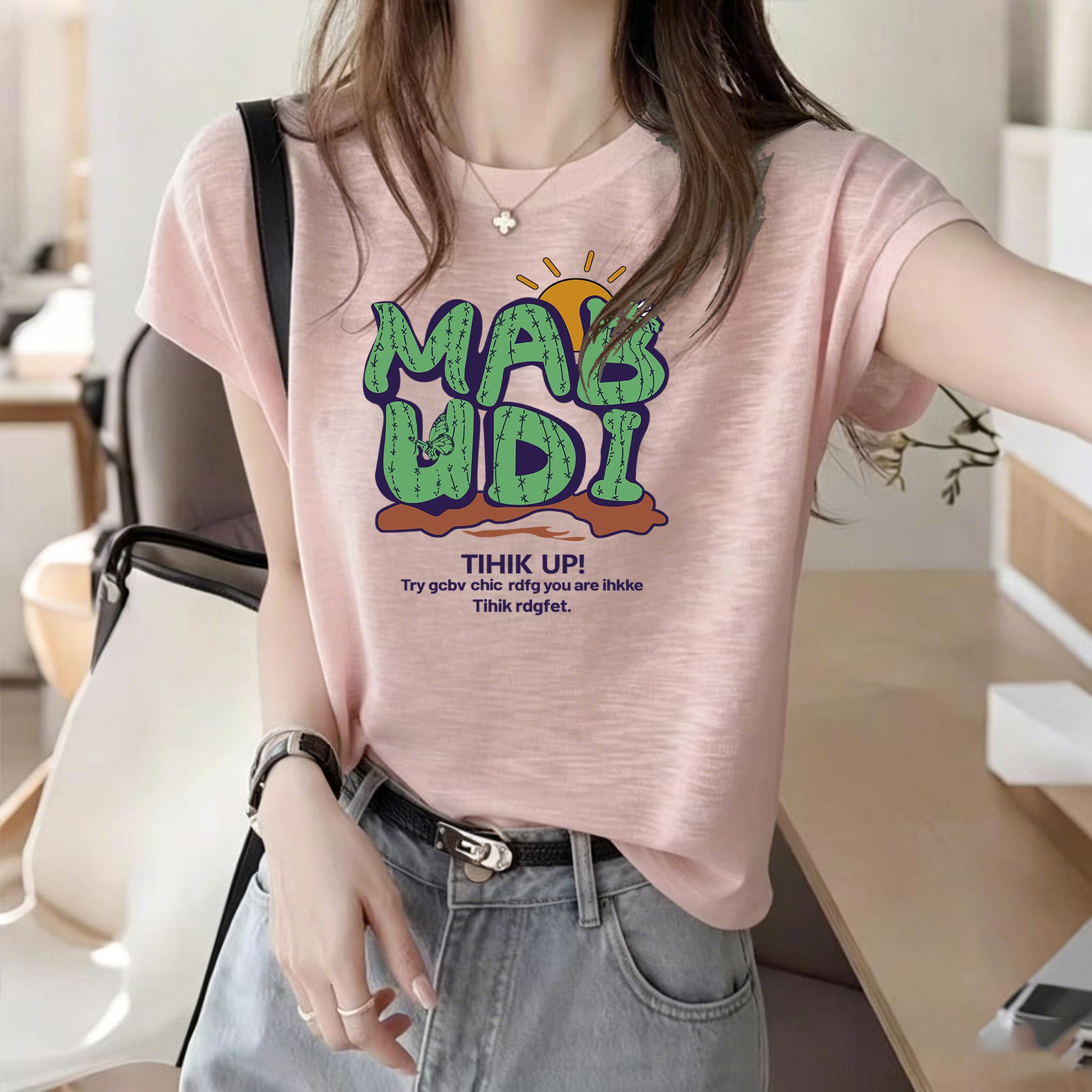 竹节棉正肩韩版字母印花慵懒短袖t恤女夏新款时尚大码减龄上衣ins