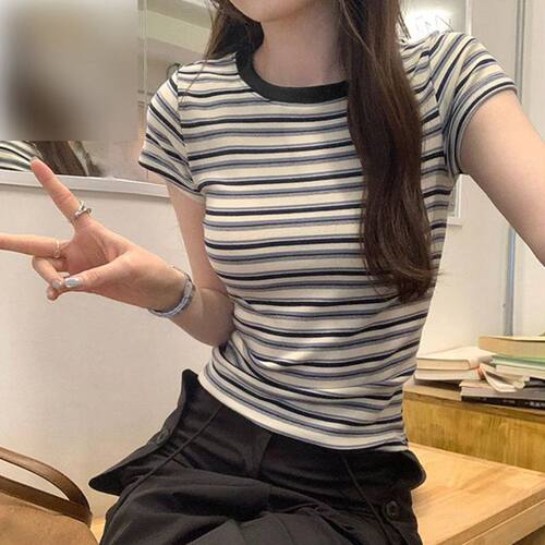 美式复古条纹纯棉修身短袖T恤女
