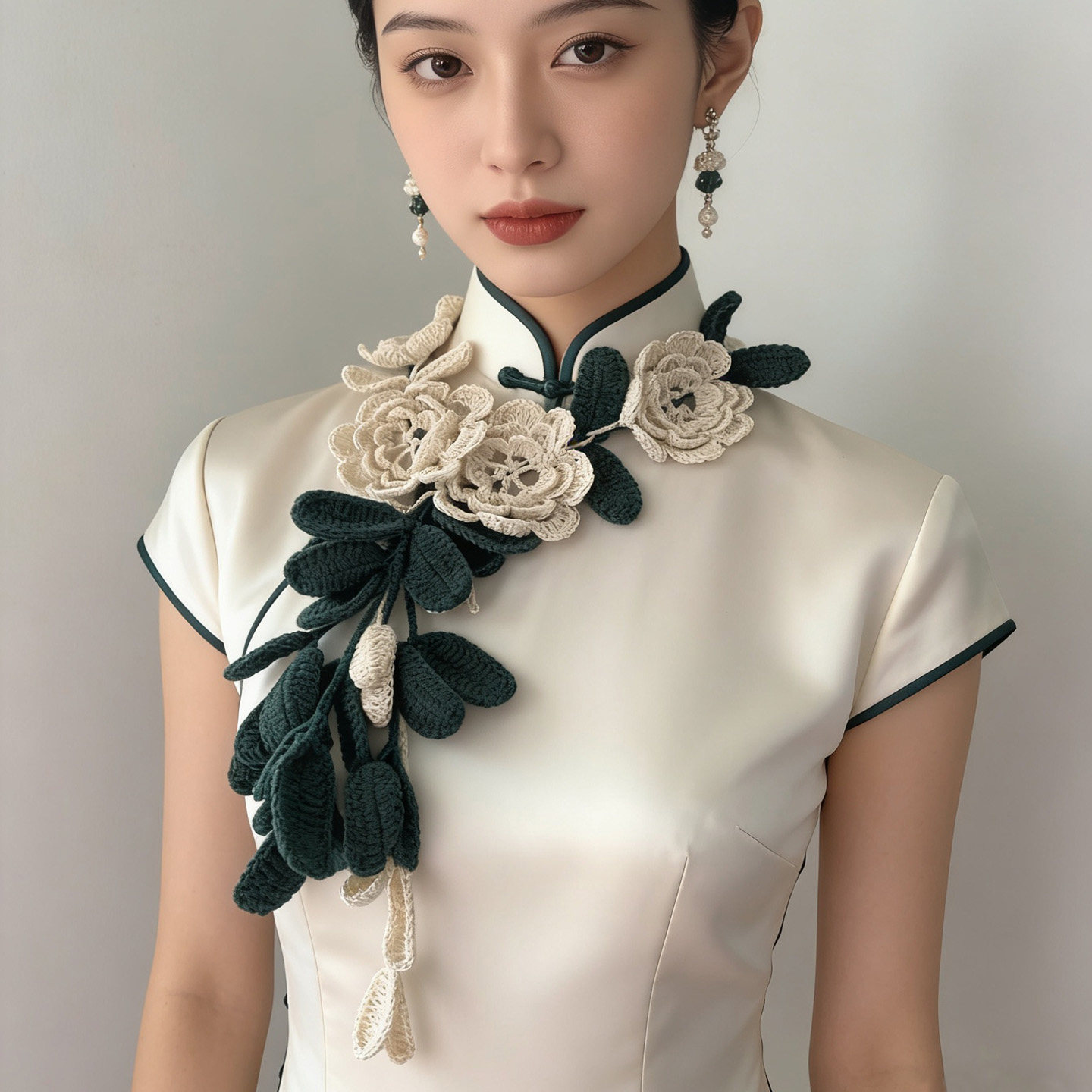 山茶花精致领口装饰手钩编织围巾复古拍照服饰装饰花朵围巾围脖女