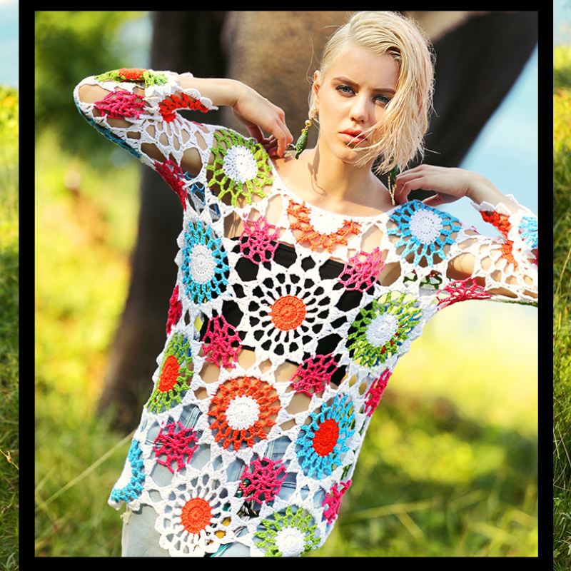 2023早春新款时尚拼色手工钩花毛衣女镂空宽松洋气毛线针织衫上衣