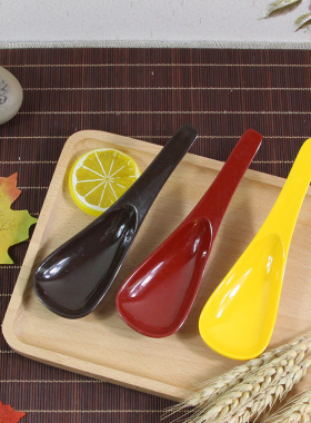 A5仿瓷密胺塑料饭店餐厅红色咖啡黄色带勾粥汤米面短柄甜品小勺子