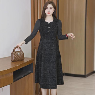 职场气质黑色亮晶晶灯芯绒大码女装胖mm长袖连衣裙子秋冬季中长款