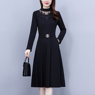 时尚气质大码女装胖mm修身显瘦中长款秋冬季新款打底连衣裙子黑色