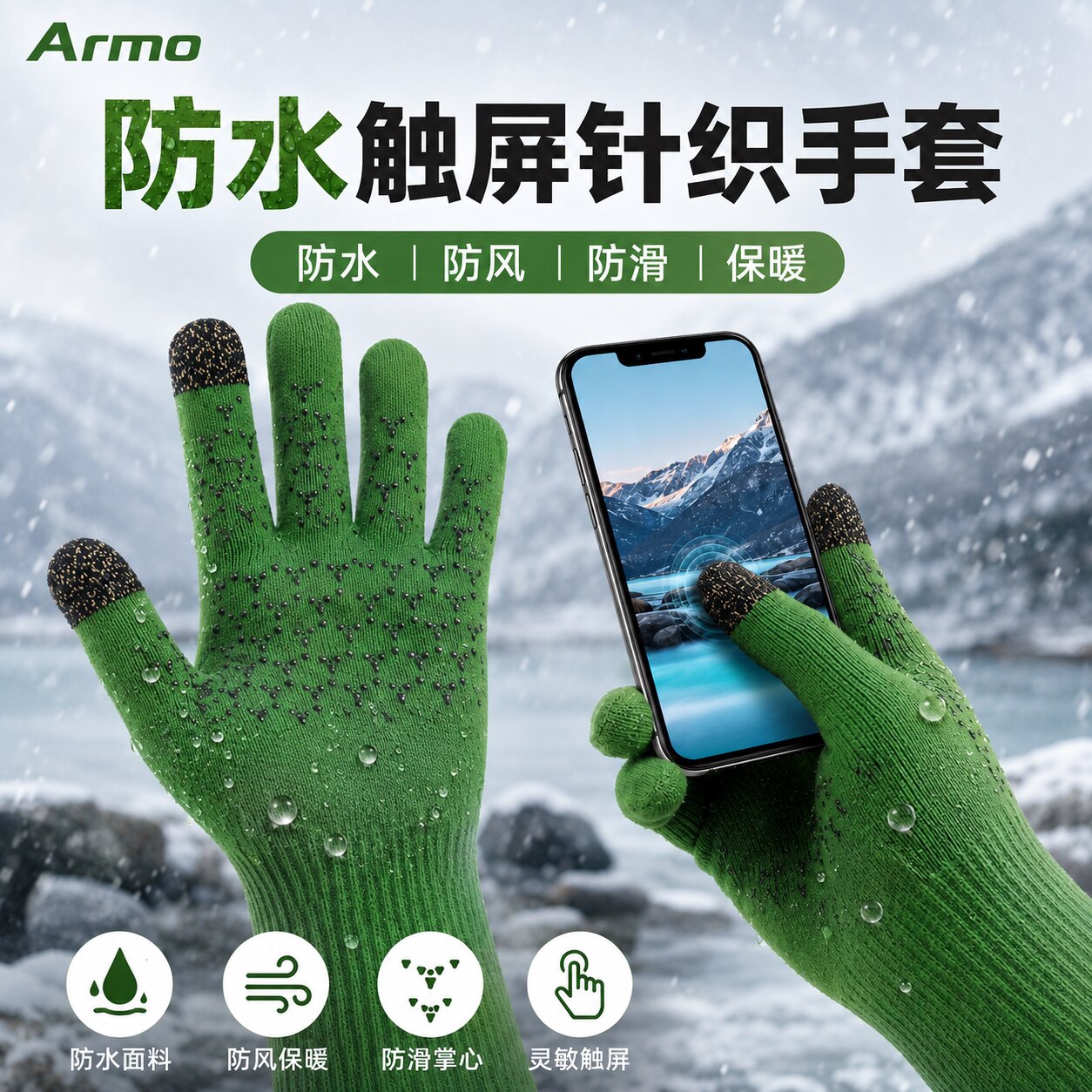Armo防水针织手套触屏防滑保暖户外骑行登山滑雪冬季男女TPU防风