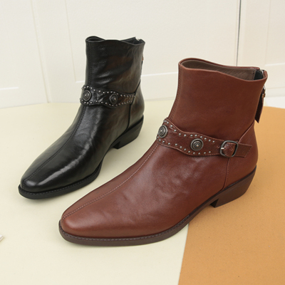 6094冬季新款复古真皮粗跟时尚短靴女绒里皮垫后拉链切尔西靴