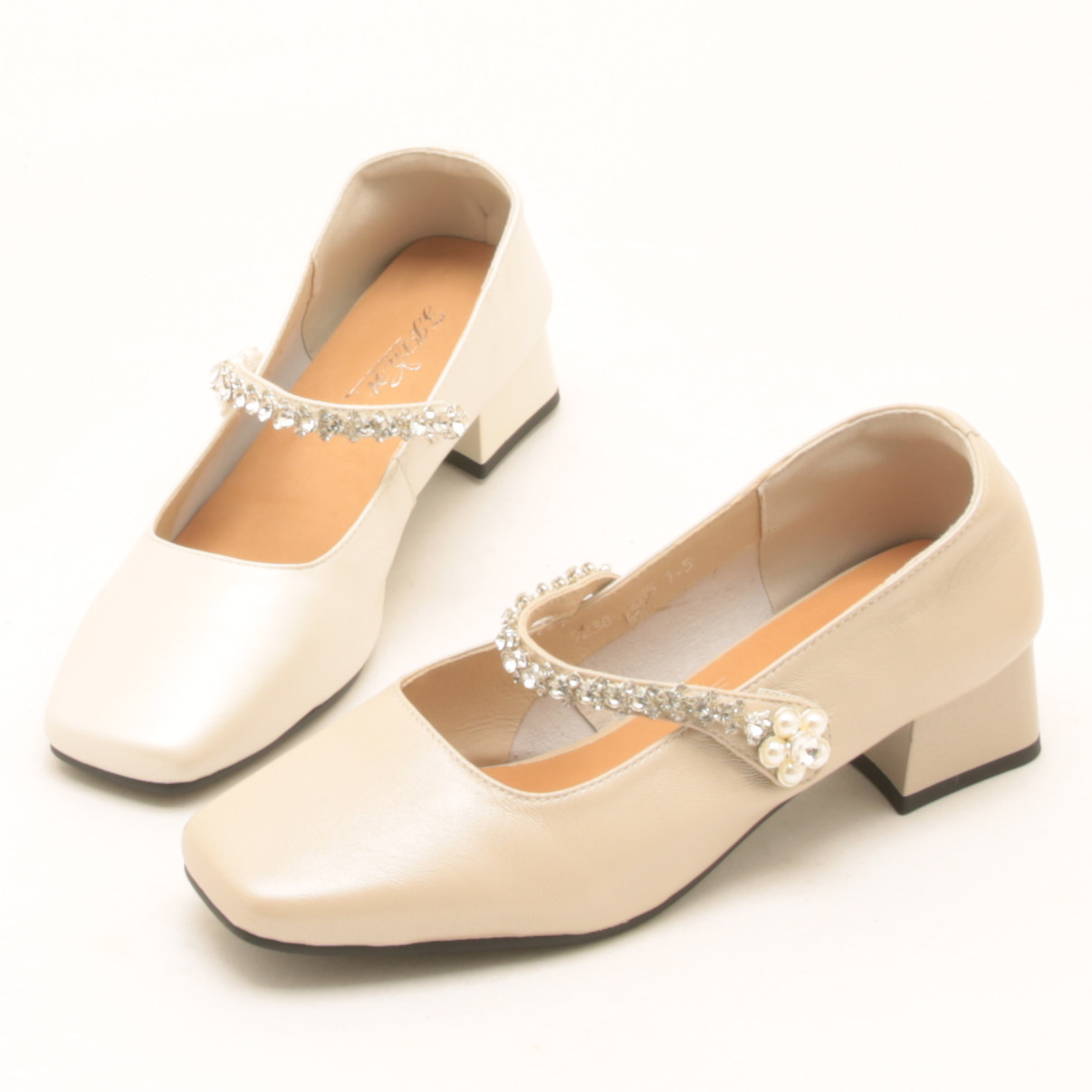 7259早秋新款法式水钻粗跟玛丽珍鞋女仙女风魔术贴方头浅口单鞋,女鞋,浅口单鞋,淘宝优惠券,粉丝福利购,淘宝优惠卷