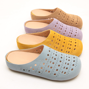 镂空外穿洞洞凉拖鞋 芒果头真皮平底包头半拖女百搭鞋 新款 6489夏季