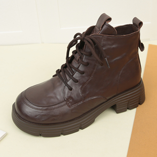 6068冬季 圆头轻便厚底系带马丁靴女加绒保暖百搭粗跟短筒靴 新款