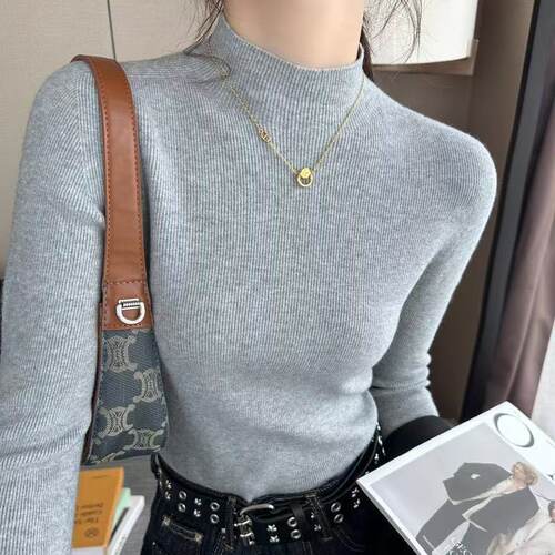 灰色半高领打底衫女针织衫2025秋冬新款内搭毛衣修身长袖显瘦上衣