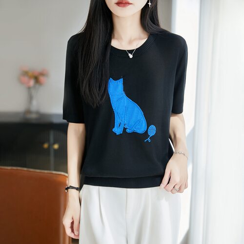 100%莱赛尔天丝针织短袖T恤女圆领拼色小猫刺绣上衣宽松打底半袖