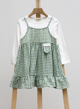 An系列110-150秋装 品牌童装折扣/女童长袖薄款纯棉连衣裙19313绿