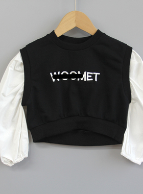 T吾系列90春秋Ⅱ 品牌童装折扣/儿童纯棉拼接长袖卫衣03382黑