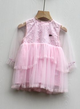 S头系列80-100春装 品牌童装折扣/童纯棉长袖网纱连衣裙22850粉