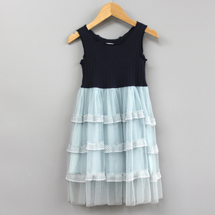 T拉系列100春秋Ⅲ品牌童装折扣/纯棉背心拼接连衣裙O070宝蓝