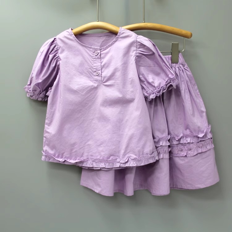 V-MI*KO家110-140夏品牌童装折扣/儿童纯棉短袖+半身裙两件6102紫