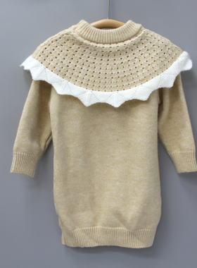 安系列90-120春秋 童装品牌折扣/儿童休闲毛线连衣裙30091杏