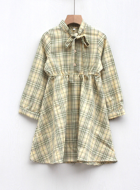 T杂系列120春秋装 品牌童装折扣/儿童纯棉长袖格子连衣裙03091黄