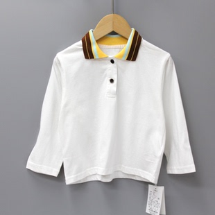 儿童柔软条纹翻领长袖 品牌折扣 T恤5611白 100春秋童装 Y芷ban家90