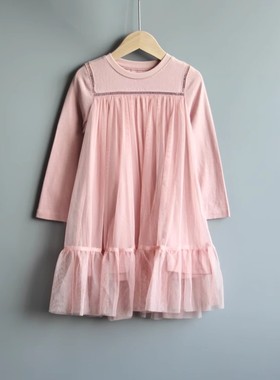 福利L柏系列145春秋装 品牌童装折扣/儿童长袖纯棉连衣裙62482粉