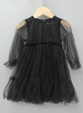 安系列80-120春 品牌童装折扣/儿童网纱棉里长袖连衣裙30805黑