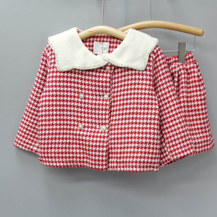 Y榛guo酱90秋冬 童装品牌折扣/童加绒呢料外套+半身裙22002红