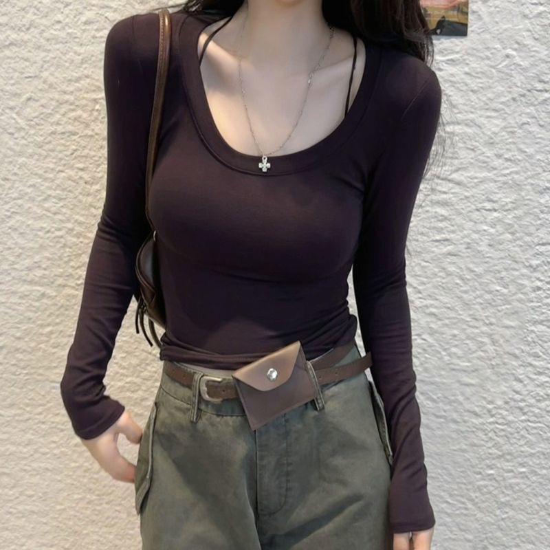 2025新款秋季U领长袖打底衫纯欲辣妹收腰百搭纯色上衣女