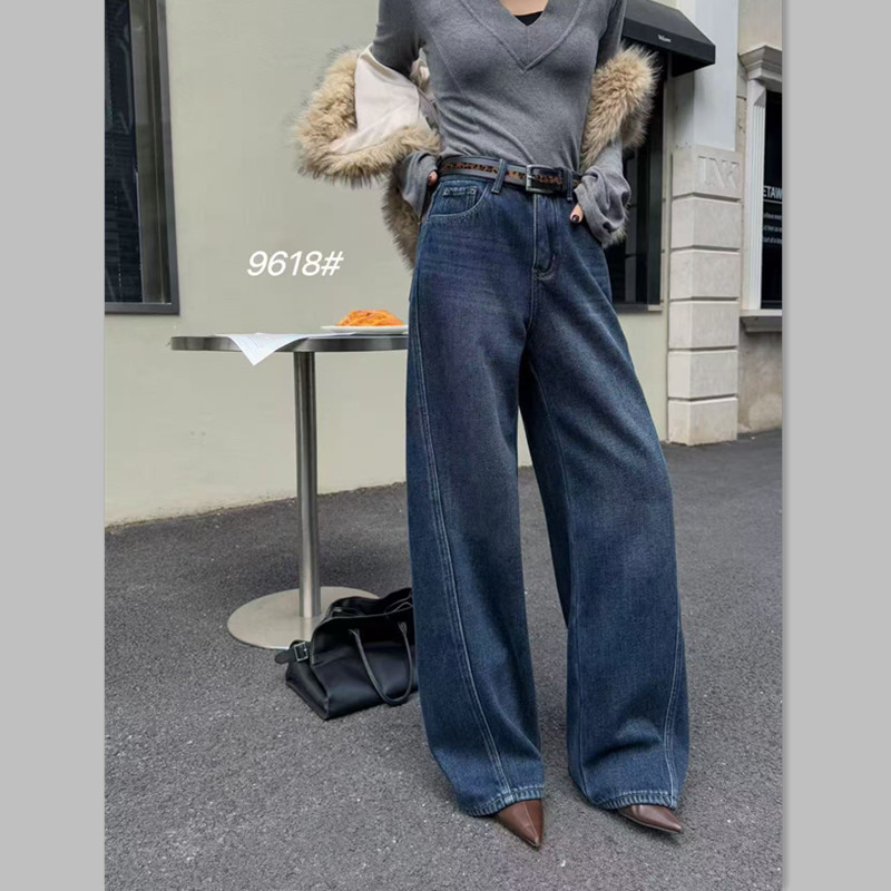 冬季韩版高腰显瘦加绒阔腿牛仔裤