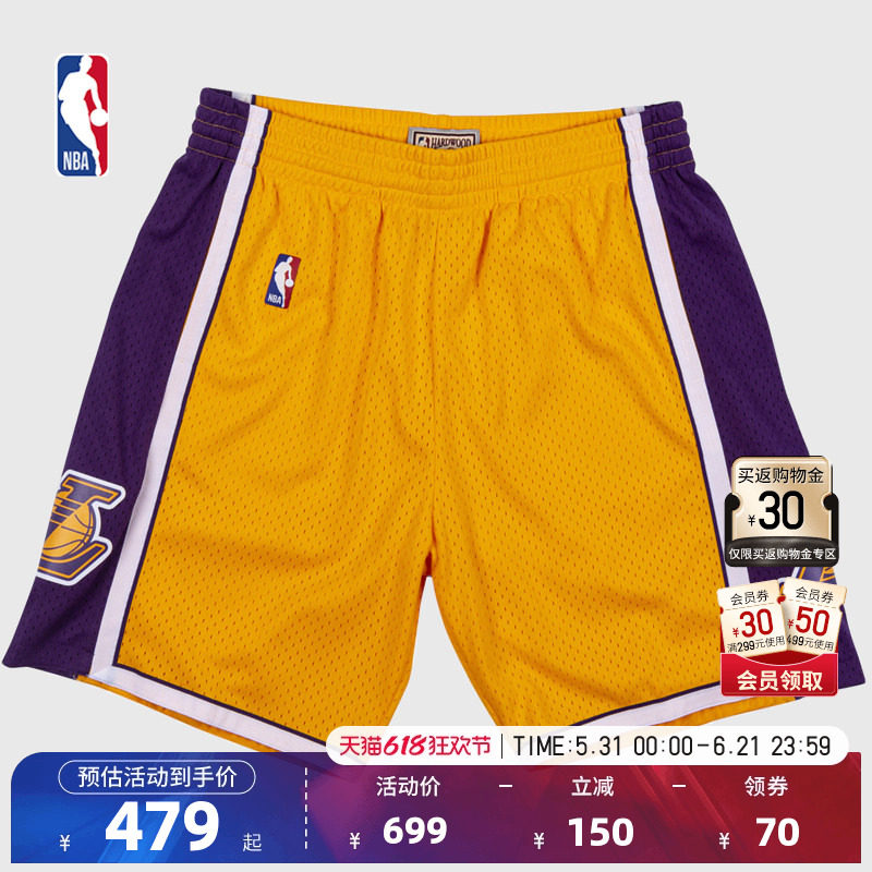 NBA官方MN美式复古洛杉矶湖人速干合集SW球迷版跑步运动篮球短裤