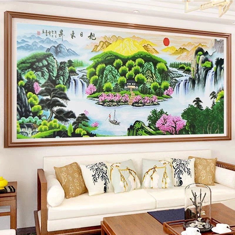 旭日东升十字绣成品纯手工绣好的流水生财聚宝盆满绣客厅山水挂画