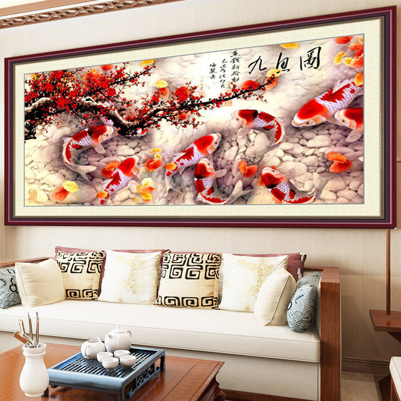 绣好的纯手工十字绣成品九鱼图九鱼聚财赐福梅花新款客厅挂画出售