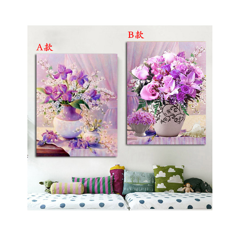纯手工十字绣成品紫色百合花瓶卧室餐厅欧式紫色优雅紫玫瑰装饰画