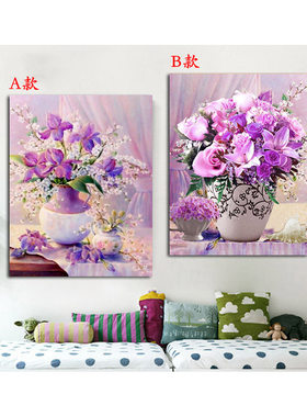 纯手工十字绣成品紫色百合花瓶卧室餐厅欧式紫色优雅紫玫瑰装饰画