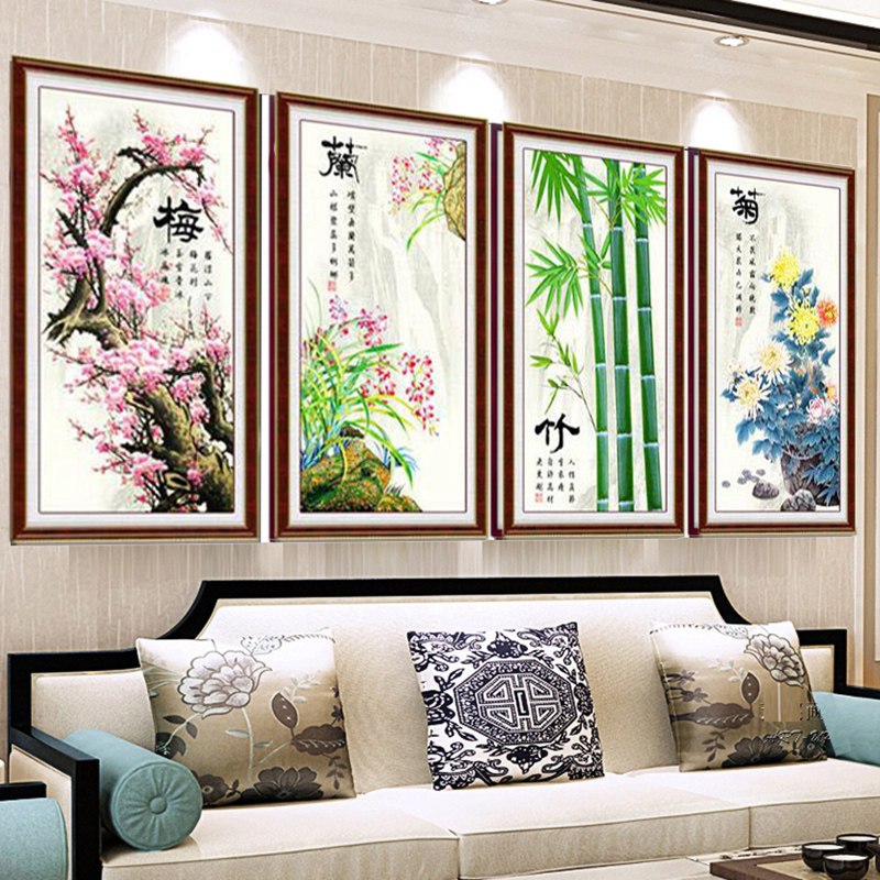 纯手工十字绣成品梅兰竹菊鸟语花香客厅书房装饰挂画花卉新款竖版