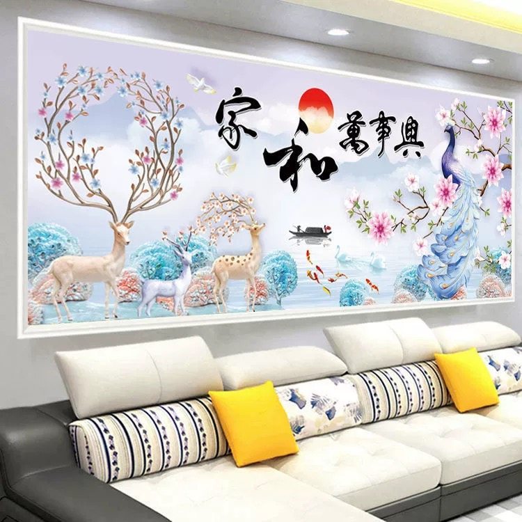 家和万事兴十字绣成品发财鹿孔雀