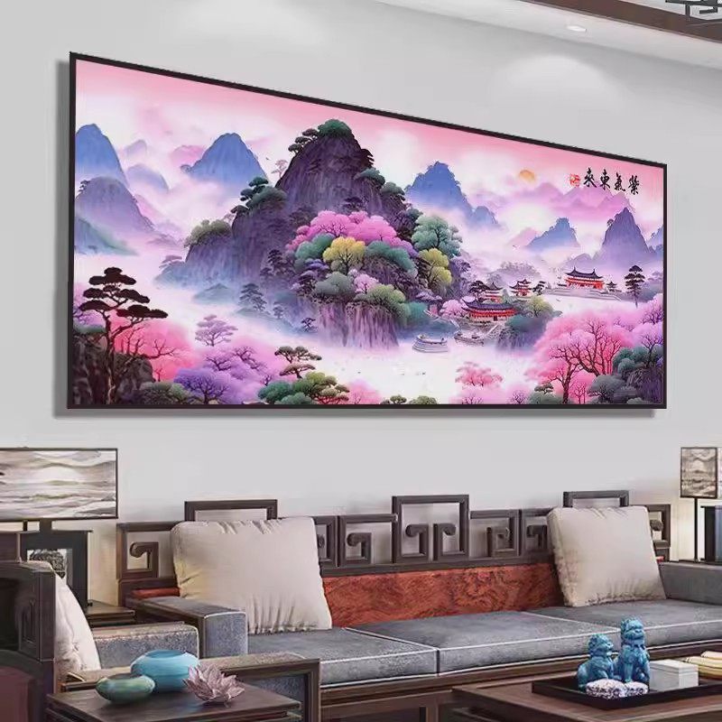 紫气东来十字绣成品纯手工绣好的流水生财聚宝盆客厅大幅山水挂画