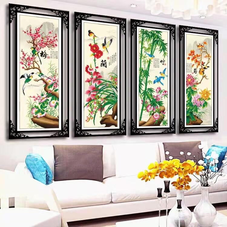 手工贴好的梅兰竹菊钻石画成品5D满钻新款钻石绣走廊过道四联挂画