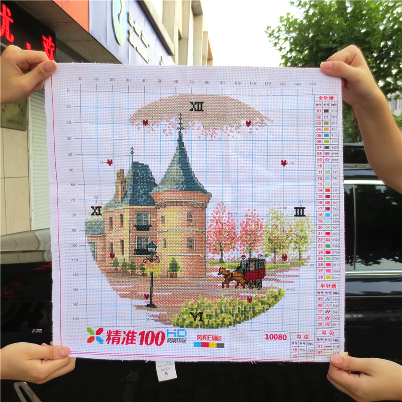 纯手工十字绣成品风和日丽钟表挂钟别墅卧室小幅新款装饰挂画现货