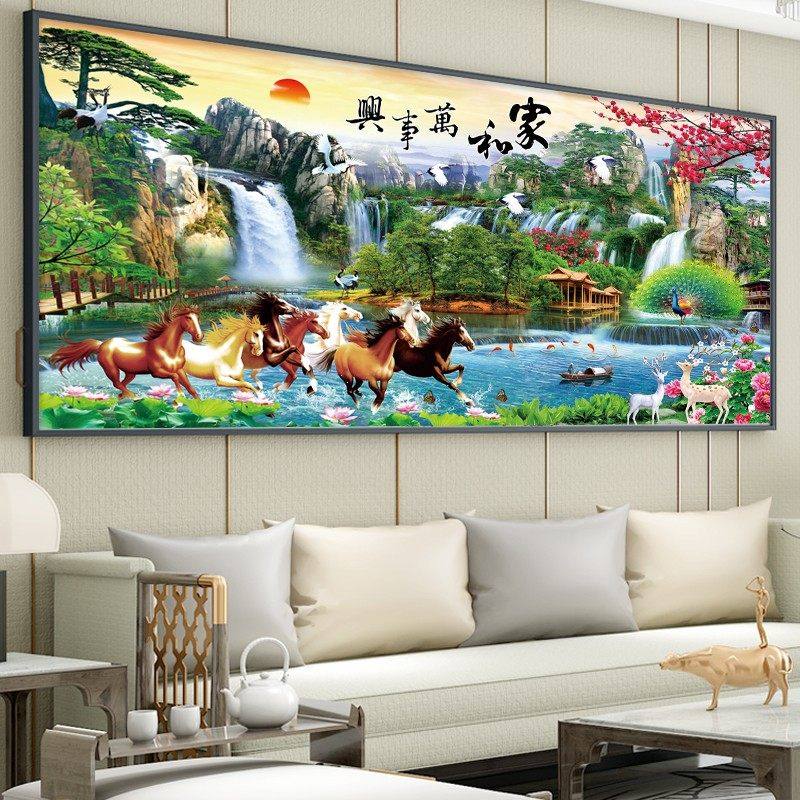 家和万事兴十字绣成品马到成功八骏图流水生财风景山水挂画纯手工,居家布艺,十字绣成品,淘宝优惠券,粉丝福利购,淘宝优惠卷