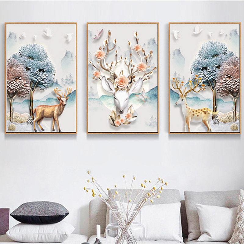 纯手工十字绣成品发财麋鹿三联画2020新款客厅餐厅现代简约大挂画