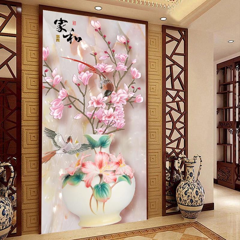 纯手工十字绣成品新款家和富贵平安花竖版玄关简约现代客厅挂画