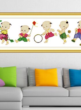 已绣好的纯手工十字绣成品五子送福五子图新款客厅卧室装饰画出售