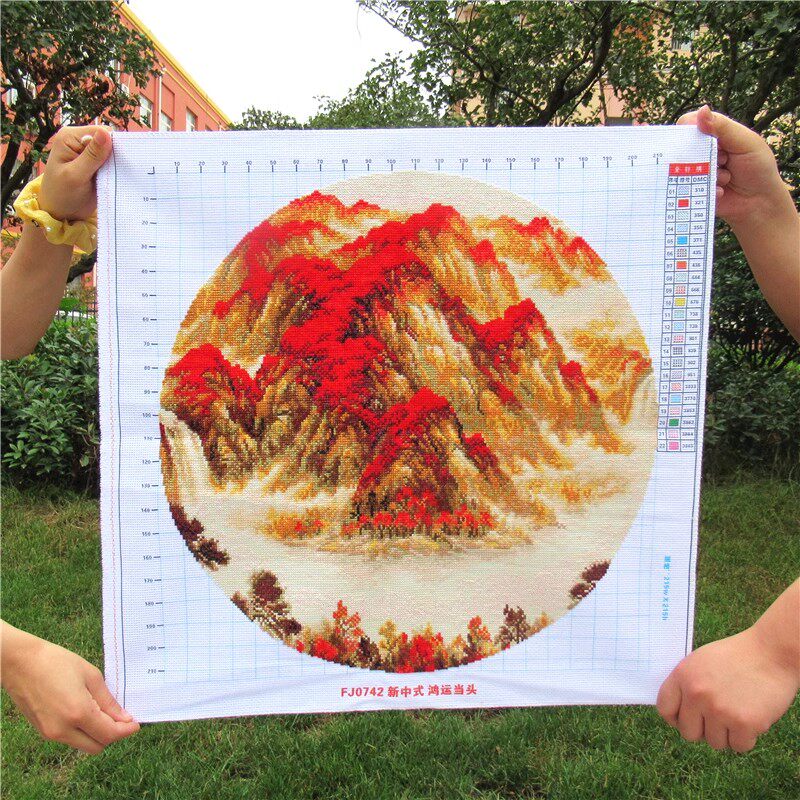 纯手工绣好的十字绣成品鸿运当头聚宝盆圆形客厅玄关小幅山水挂画